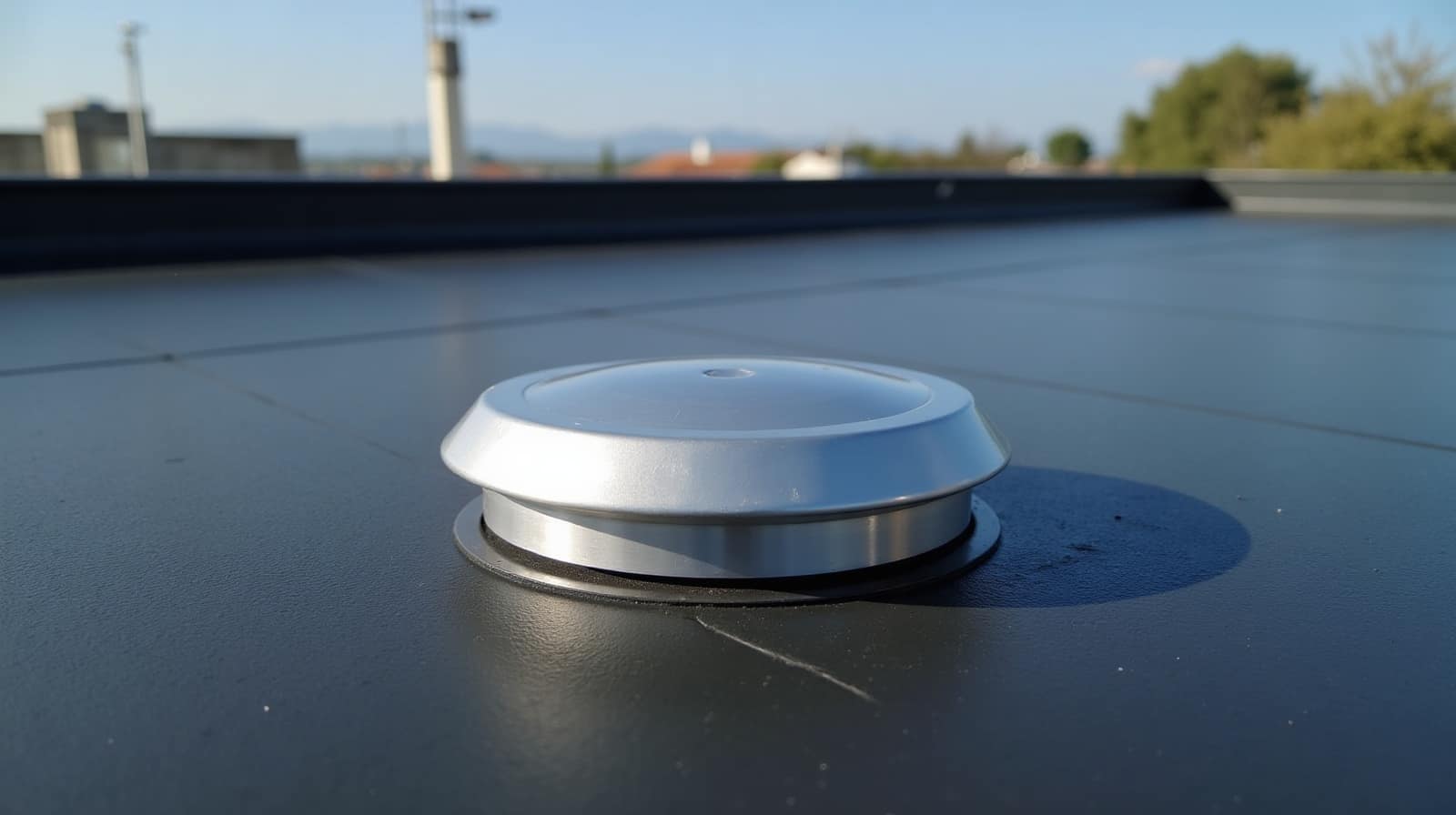Dôme d'aluminium lisse coiffant une évacuation ronde au milieu d'une membrane bitumineuse sombre
