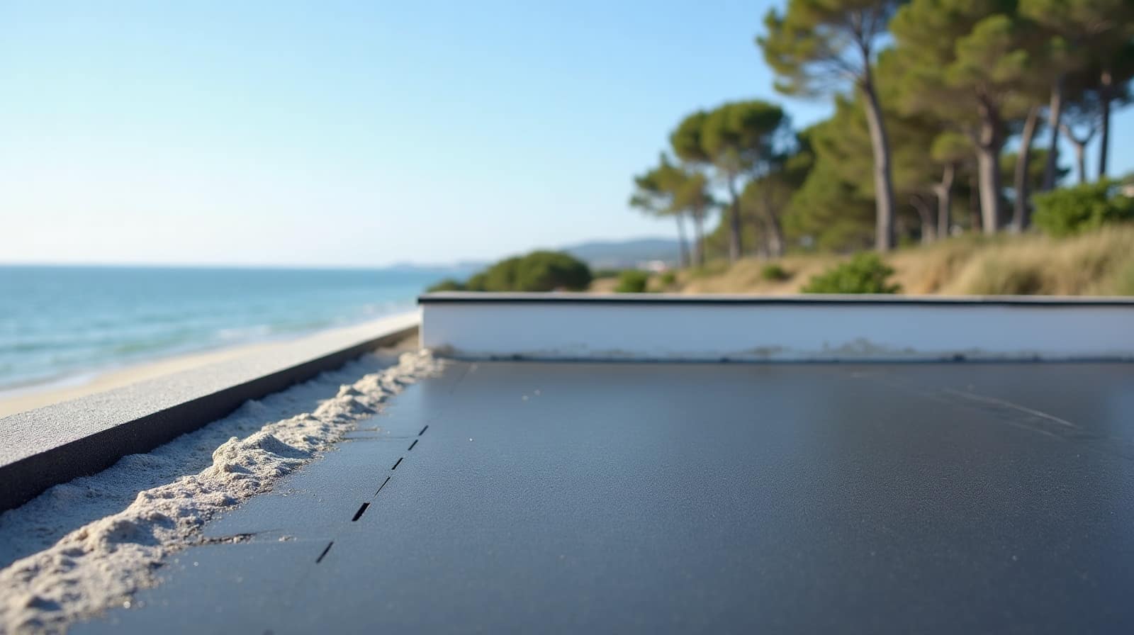 Toiture-terrasse sombre avec du sable accumulé en rive, pins et mer au second plan