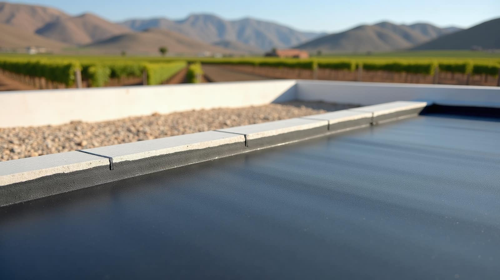 Toiture-terrasse sombre bordée d'une costière de béton et de gravillon, ouverte sur des rangs de vigne et des collines sèches