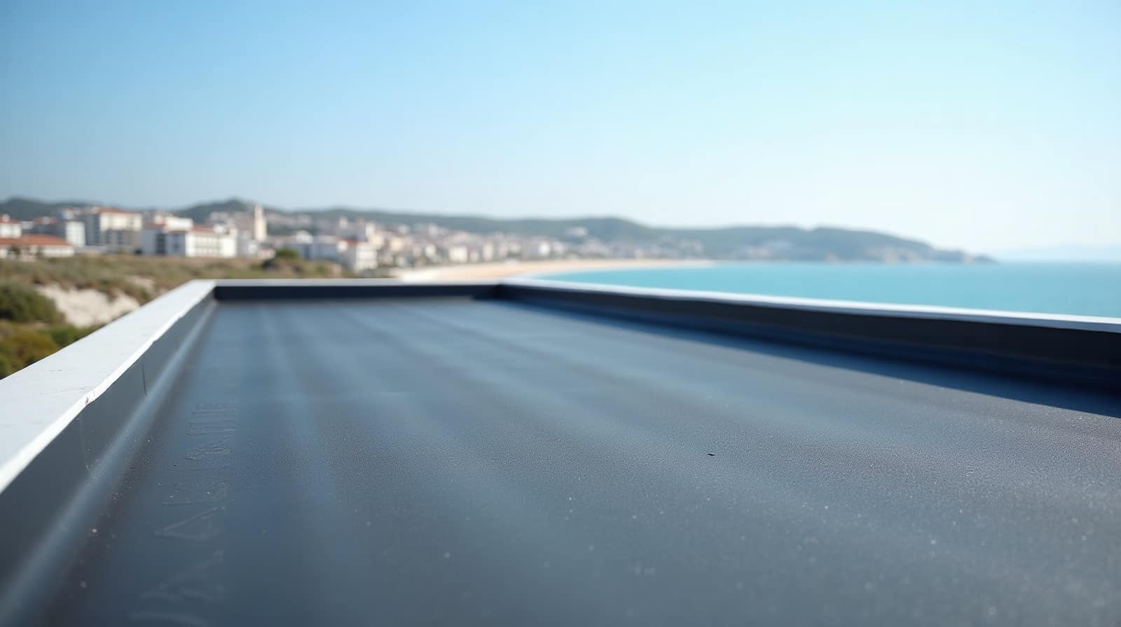 Toiture-terrasse sombre d'un bâtiment du littoral, acrotère blanc et ligne de mer à l'horizon