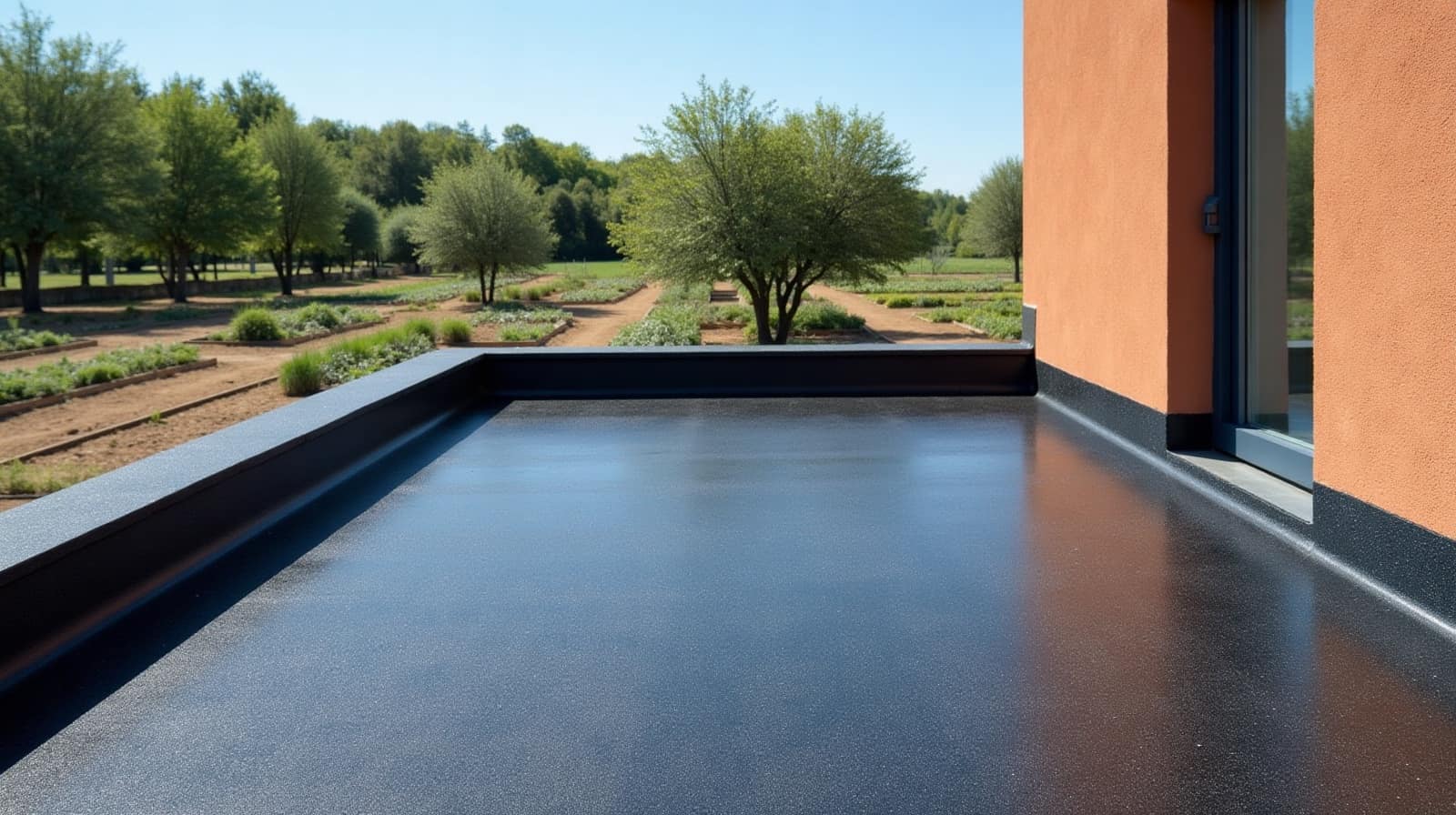 Toiture-terrasse sombre longeant un mur enduit ocre, jardins maraîchers et arbres au-delà de l'acrotère