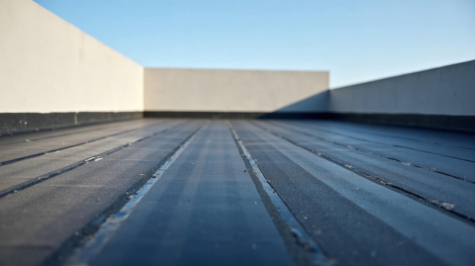 Toiture-terrasse neuve vue au ras de la membrane, recouvrements soudés filant vers un acrotère clair