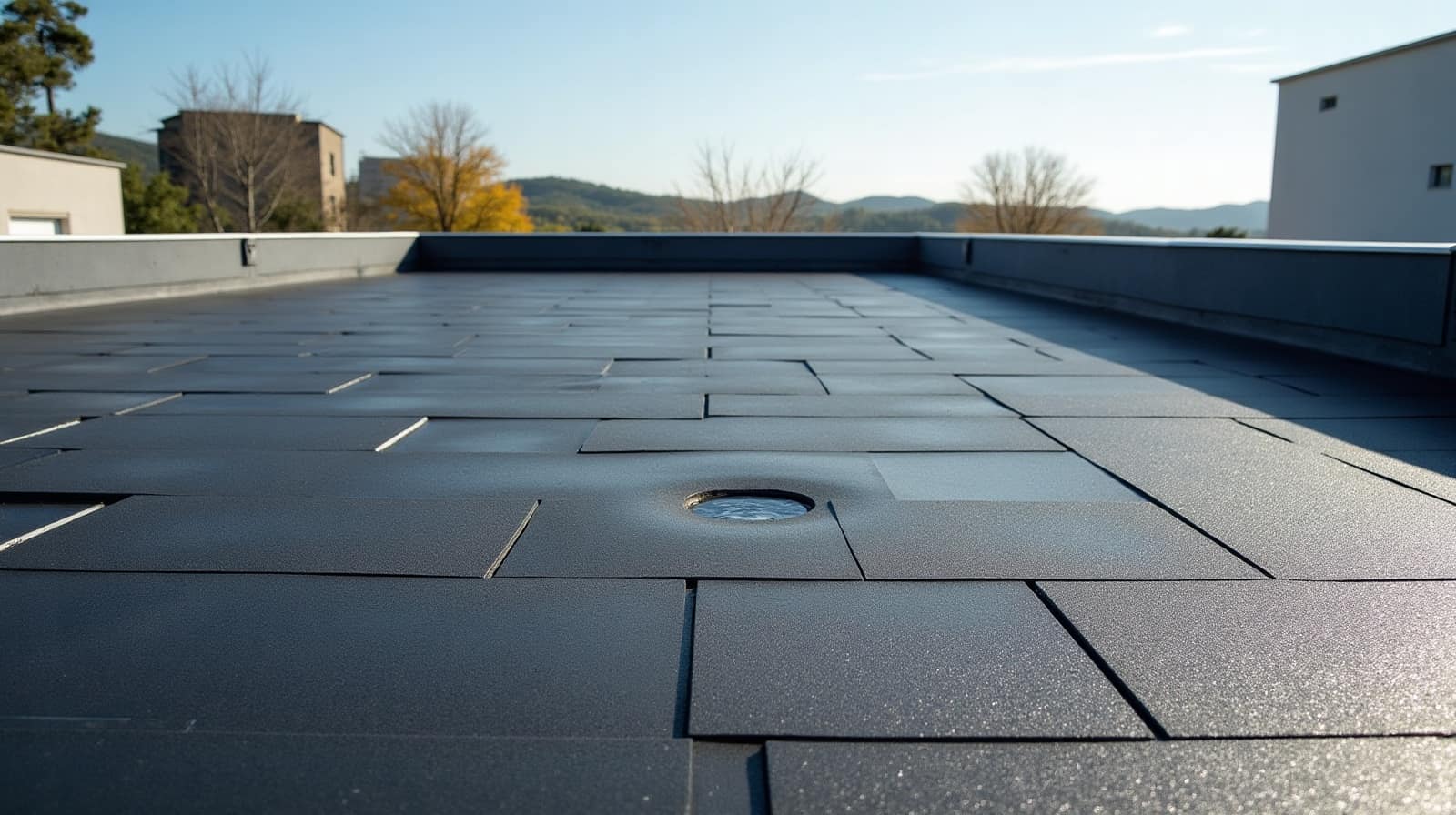 Toiture-terrasse neuve à joints réguliers avec une évacuation ronde, acrotère bas et collines au loin