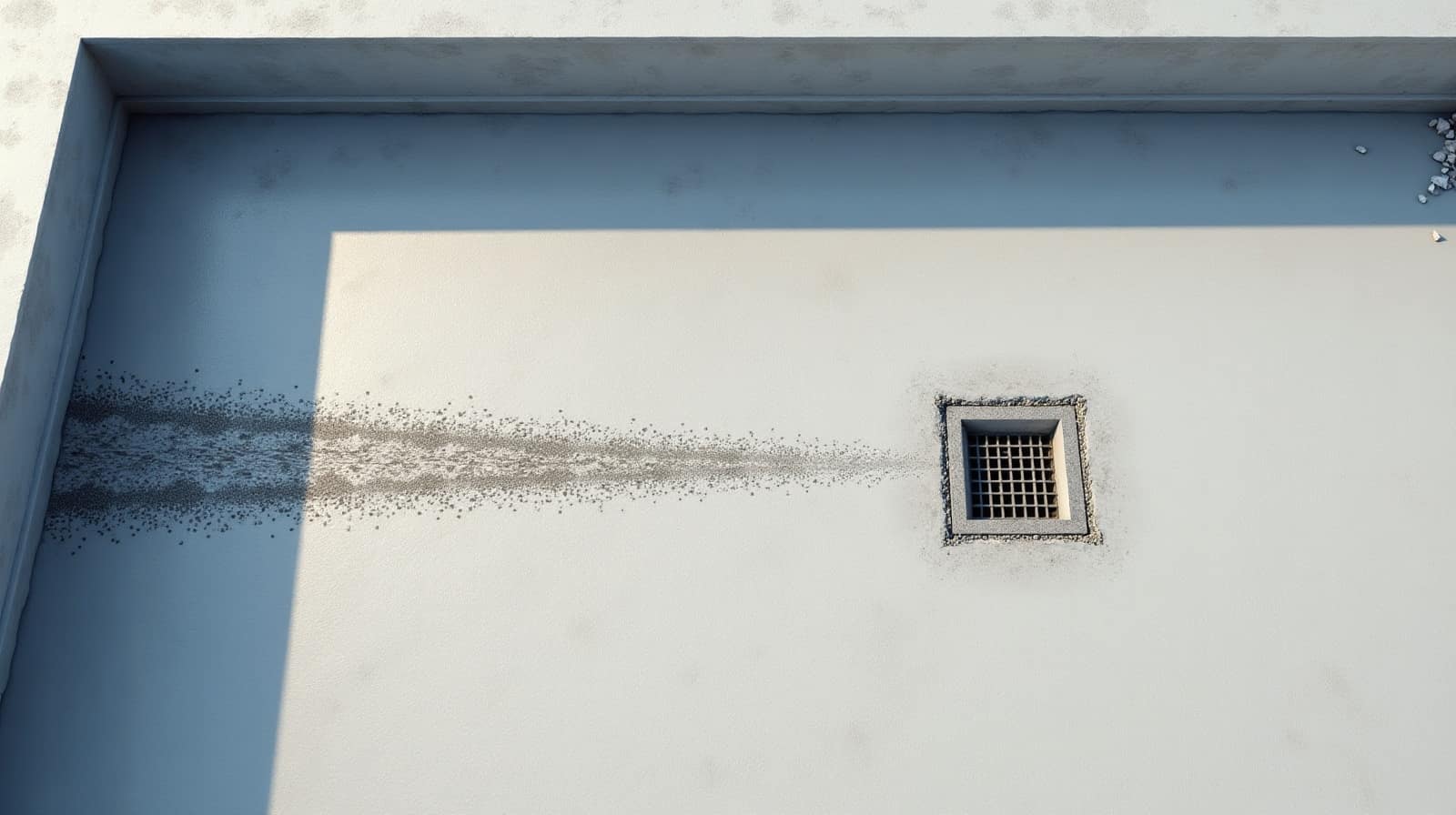 Angle de toiture-terrasse vu de dessus, traînée d'infiltration menant à une petite grille d'évacuation carrée