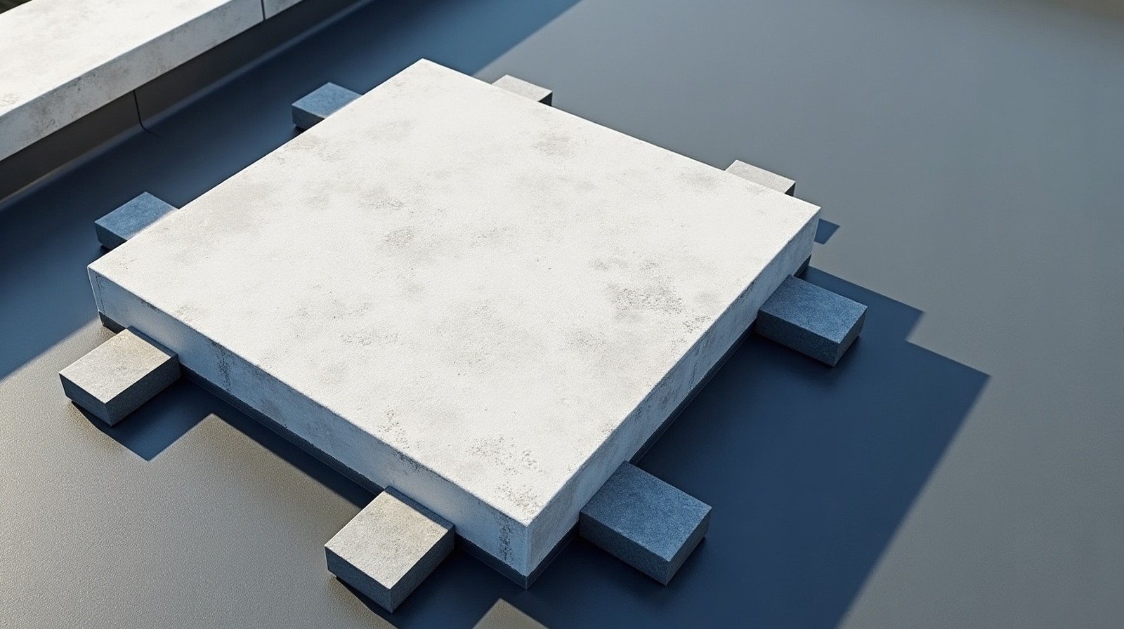 Dalle de béton claire sur quatre plots, isolée sur une membrane sombre en toiture-terrasse